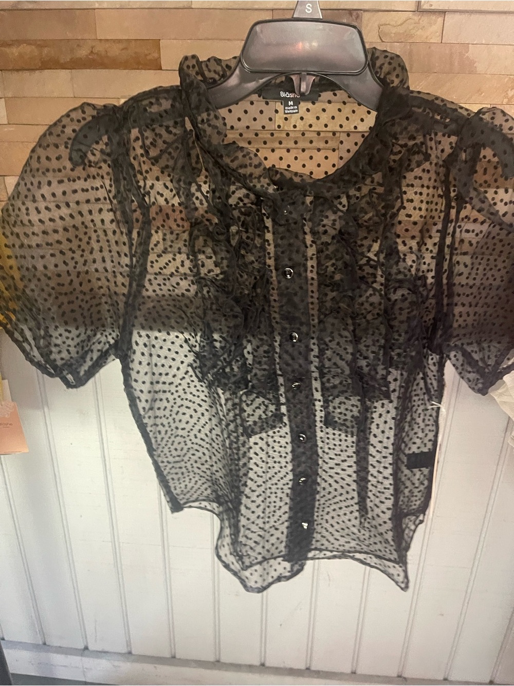 Sheer Black Polka Dot Ruffle Blouse - Black - Blouse